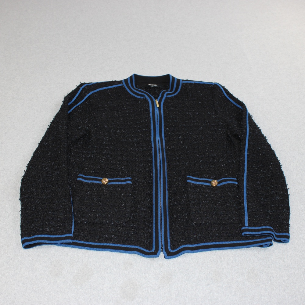 Misook Jacket Women Small Black Blue Trim Cardigan Boucle Full Zip Blazer Career